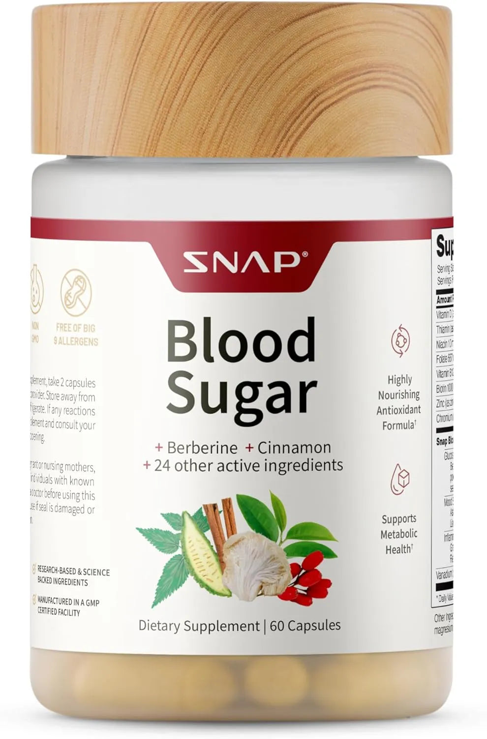 Snap Supplements Blood Sugar Blend, Berberine Supplement with Cinnamon, Organic Turmeric, Alpha Lipoic Acid, Zinc & Other Natural Herbs & Vitamins Non-GMO, 60 Capsules