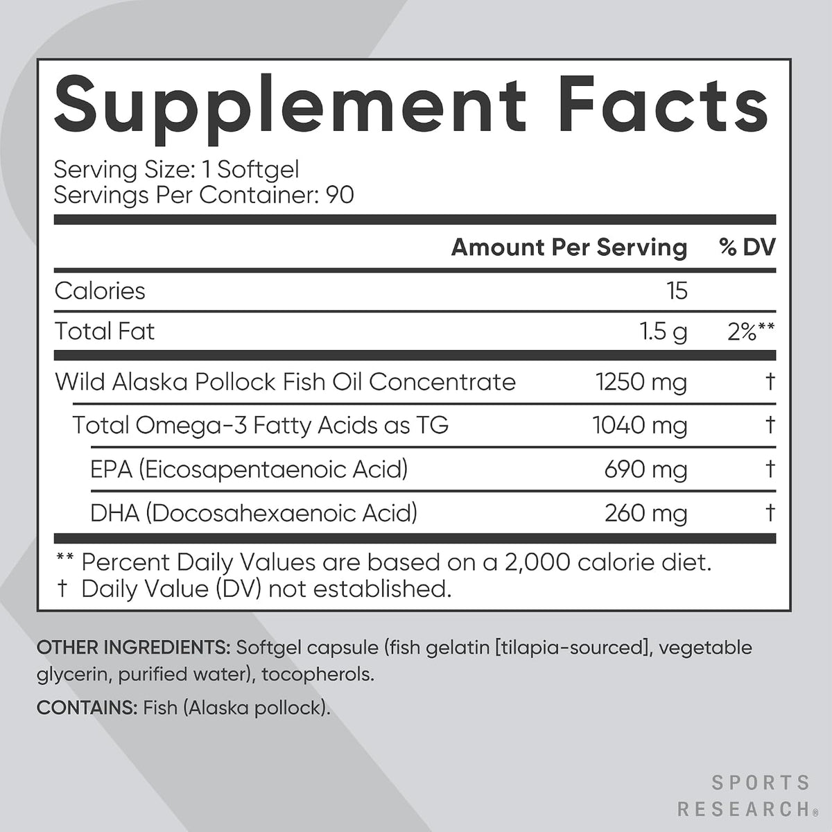 Sports Research Omega-3 Fish Oil 1250mg from Wild Alaska Pollock, 90 Count