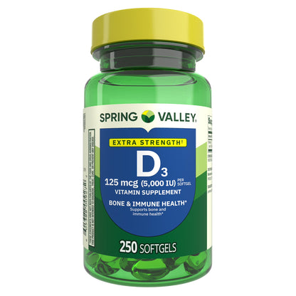 Spring Valley Extra Strength Vitamin D3 Softgels, 125 mcg (5000 IU), 250 Count