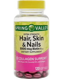Spring Valley Hair, Skin & Nails Dietary Supplement Softgels, 5,000 Mcg, 120 Count
