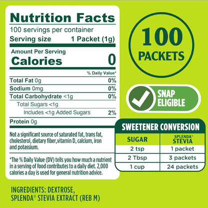 SPLENDA Stevia Zero Calorie Sweetener, Sugar Substitute Packets, 100 Count (Pack of 1)