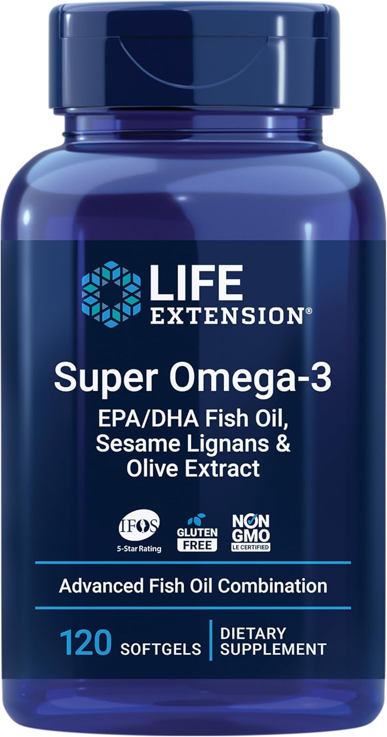 Super Omega-3 EPA/DHA Fish Oil, Sesame Lignans & Olive Extract - For Heart & Brain Health – For Inflammation & Cholesterol Management – Gluten-Free, Non-GMO – Lemon Flavor 120 Softgels