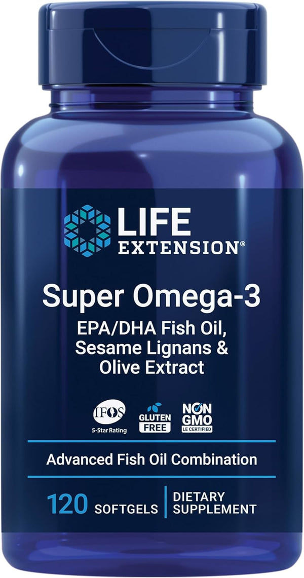 Super Omega-3 EPA/DHA Fish Oil, Sesame Lignans & Olive Extract - For Heart & Brain Health – For Inflammation & Cholesterol Management – Gluten-Free, Non-GMO – Lemon Flavor 120 Softgels