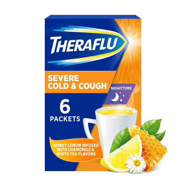 Theraflu Nighttime Multi-Symptom Severe Cold Powder, White Tea and Honey Lemon, 6 Ct
