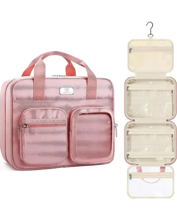 Travel Toiletry Bag, Large Travel Makeup Bag For Women, Water-Resistant Hanging Cosmetic Bags With Elastic Band Holders, Suitable For Travel Size Toiletries-Pink
