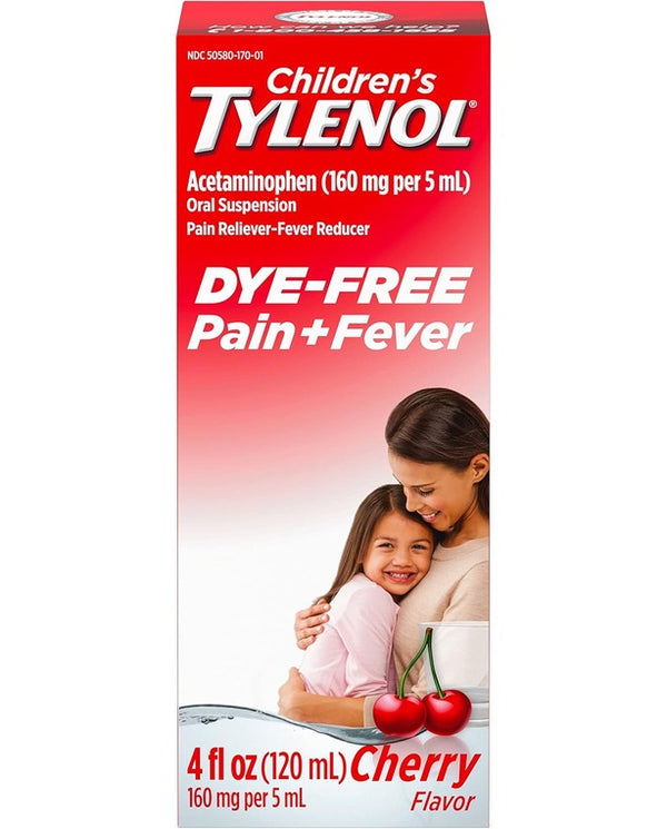 Tylenol Children's Liquid Oral Suspension Pain Reliever & Fever Reducer with Acetaminophen, Aspirin-, Ibuprofen-, High Fructose Corn Syrup- & Dye-Free, Cherry, 4 Fl. Oz