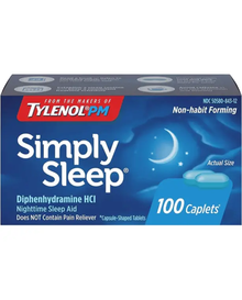 Tylenol Simply Sleep Nighttime Sleep Aid Caplets with 25 mg Diphenhydramine HCl, Non-Habit Forming, 100 ct
