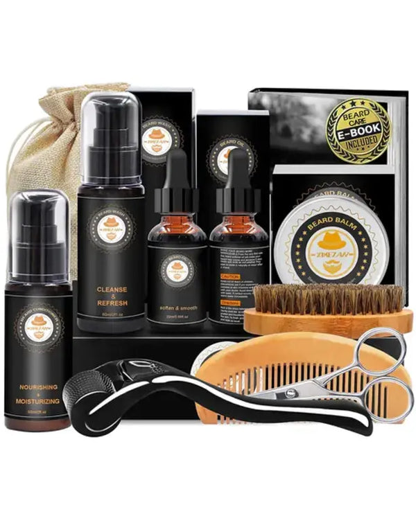 Upgraded Beard Grooming Kit w/Beard Conditioner, Beard Oil, Beard Balm, Beard Brush, Beard Shampoo/Wash, Beard Comb, Beard Scissors, Storage Bag, Beard E-Book, Beard Growth Care Gifts for Men
