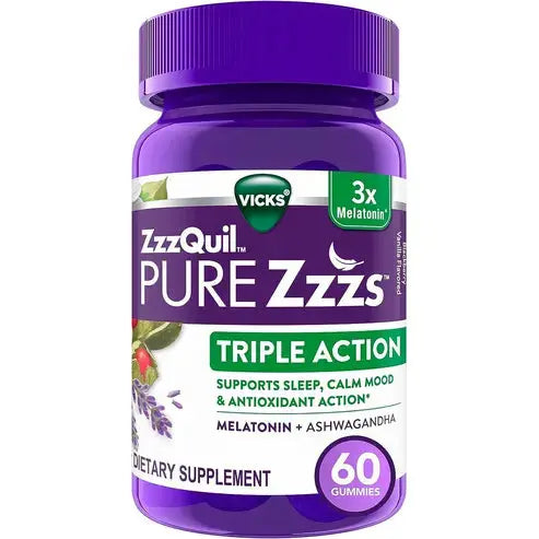 VICKS Triple Action, 6mg Melatonin Gummies, 3X Melatonin Sleep Aid with Ashwagandha, Calm Mood & Antioxidant Action, Sleep Aids for Adults
