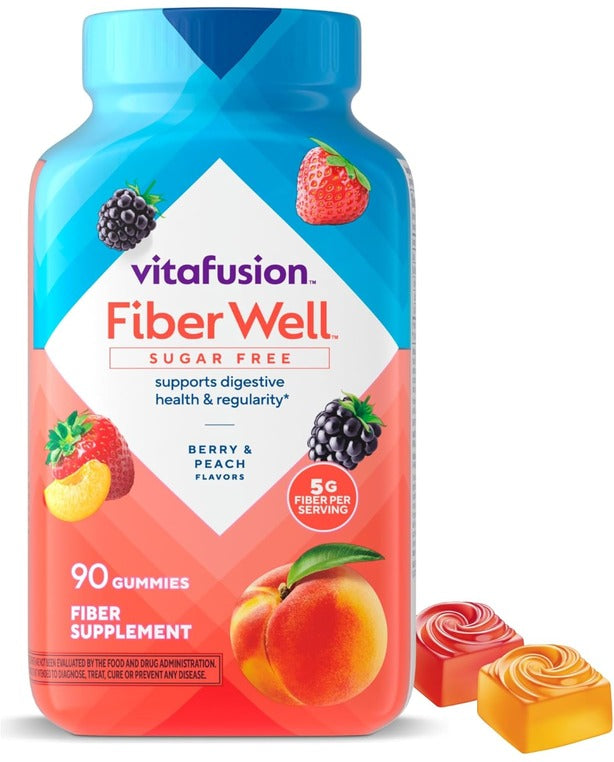 Vitafusion Fiber Well Sugar Free Fiber Supplement, Peach, Strawberry And Blackberry Flavored Supplements, 90 Count