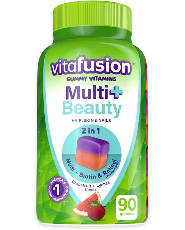 Vitafusion Multivitamin Plus Beauty – 2-in-1 Benefits – Adult Gummy with Hair, Skin & Nails Support (Biotin & Retinol – Vitamin A RAE) Daily, 90 Count
