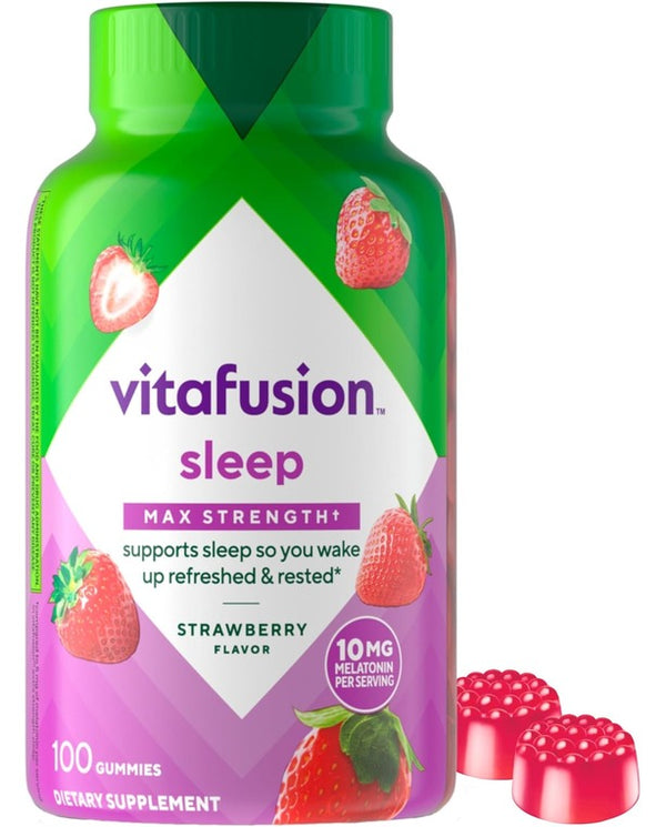 Vitafusion Max Strength Melatonin Gummy Supplements, Strawberry Flavored, 10 mg Melatonin Sleep Supplements, America’s Number 1 Gummy Vitamin Brand, 50 Day Supply, 100 Count
