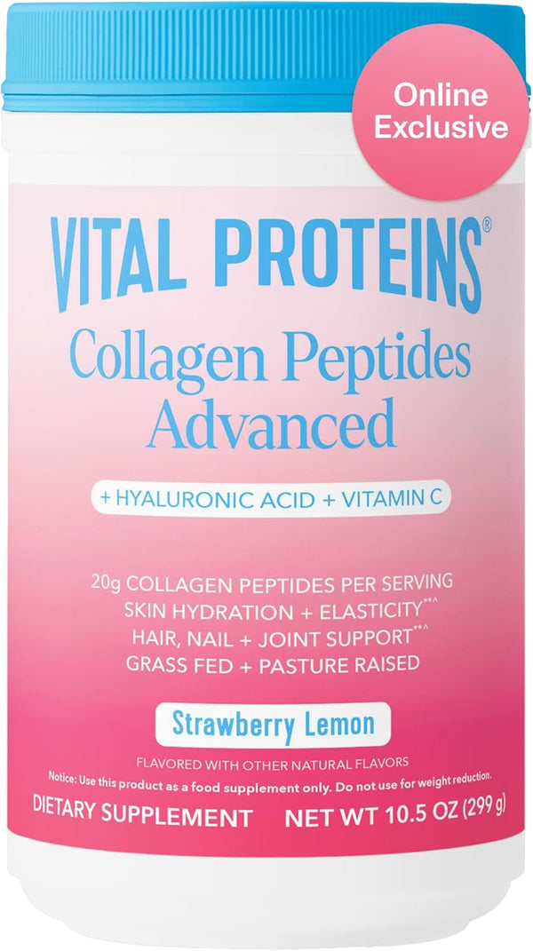 Vital Proteins Collagen Peptides Advanced supplement container with strawberry lemon flavor on a white background