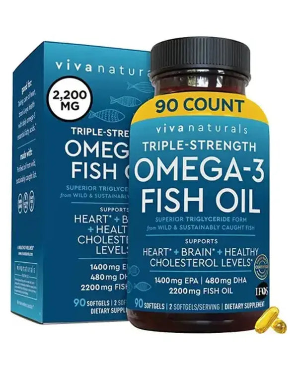 Viva Naturals EPA DHA Omega 3 Supplement, Triple-Strength Wild Caught Fish Oil Pills, Supports Heart and Brain Health, 2000 mg Omega 3 Fatty Acids per Serving Including EPA and DHA, 90 Softgels
