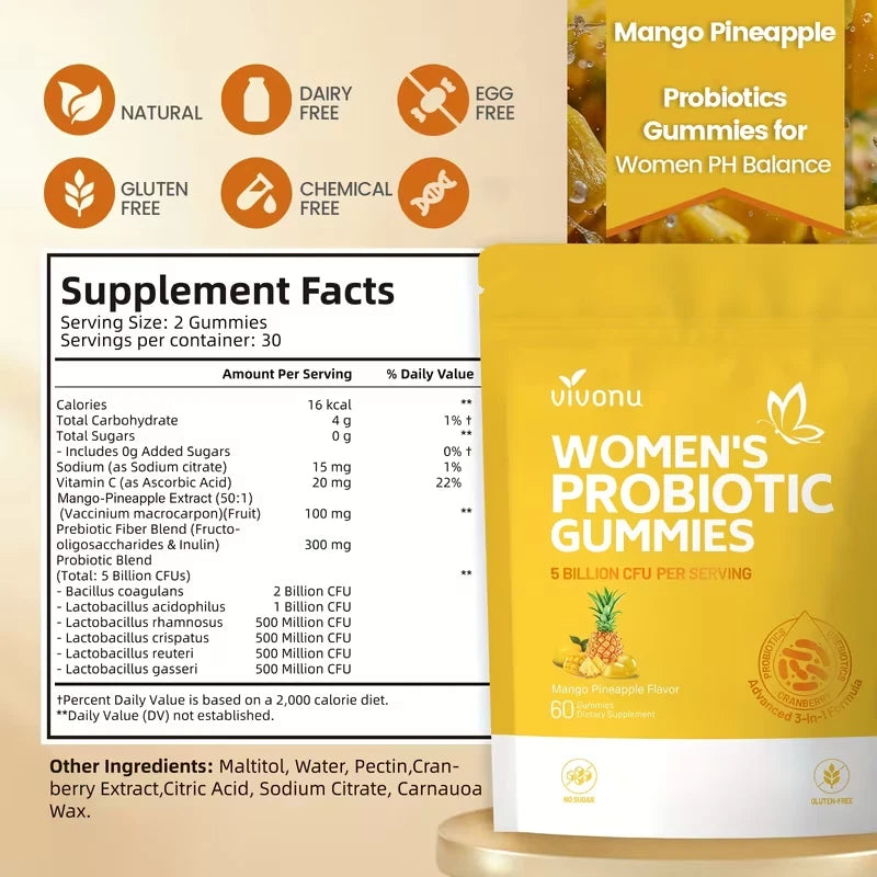 VivoNu Vaginal Probiotic for Women, 5 billion CFU, Mango Pineapple flavor, 60 Gummies
