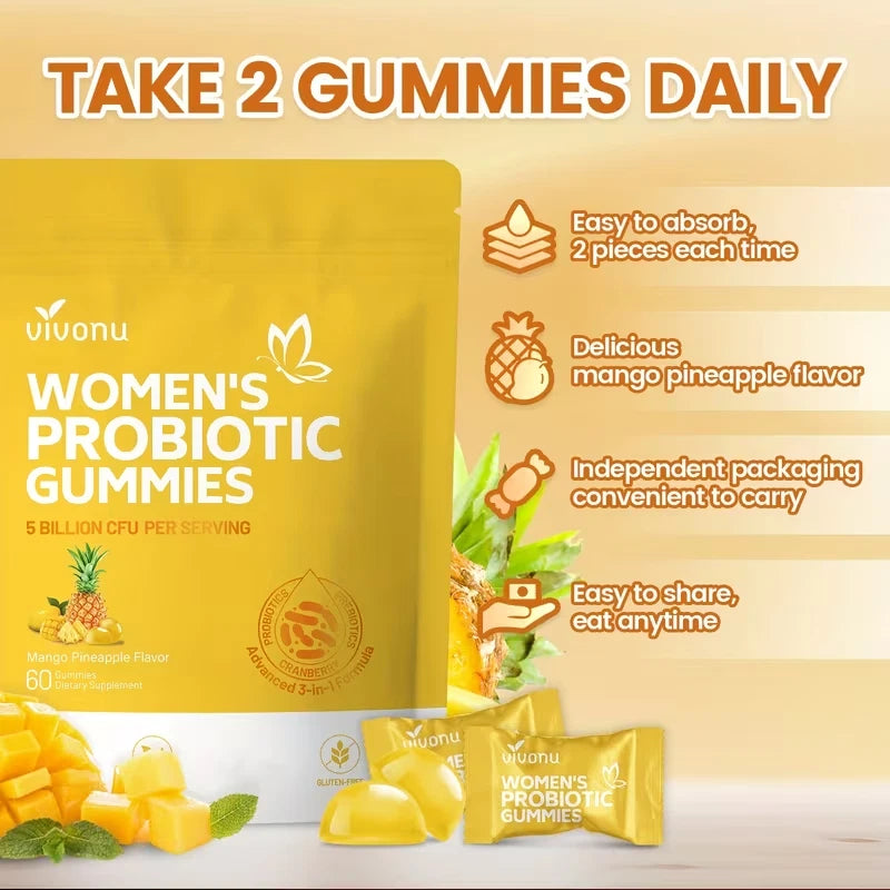 VivoNu Vaginal Probiotic for Women, 5 billion CFU, Mango Pineapple flavor, 60 Gummies