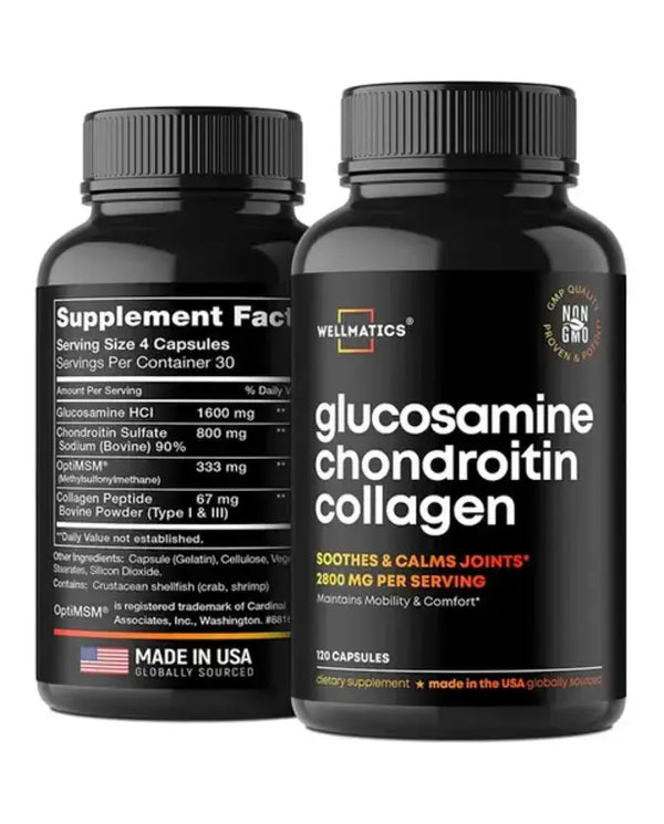 WELLMATICS Glucosamine Chondroitin with MSM & Collagen - Made in USA - Natural Joint Support Supplement - Triple Action for Joint Health - Joint Discomfort Relief for Back, Knees, Hands - 120 Capsules
