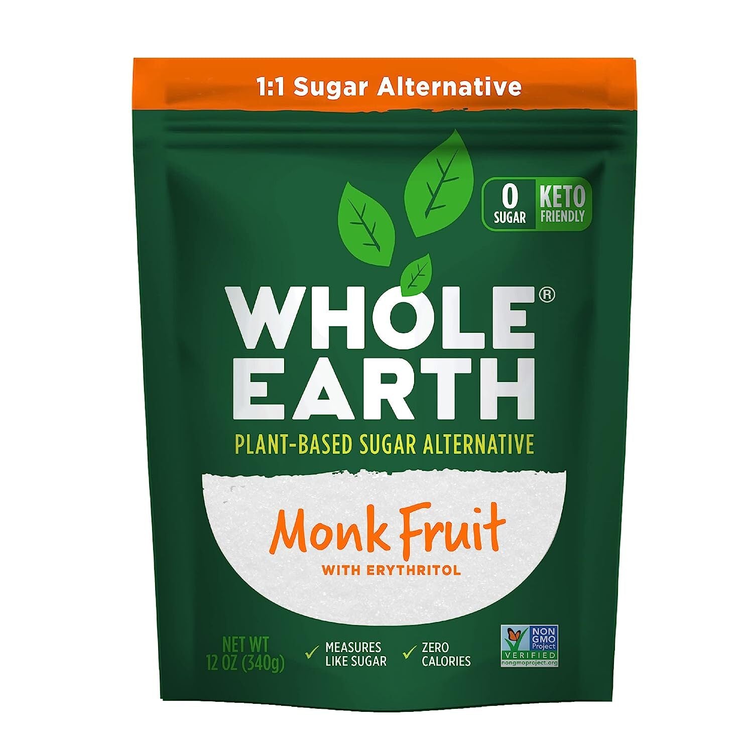 WHOLE EARTH Monk Fruit Sweetener with Erythritol, Plant-Based Sugar Alternative, 12 Ounce Pouch
