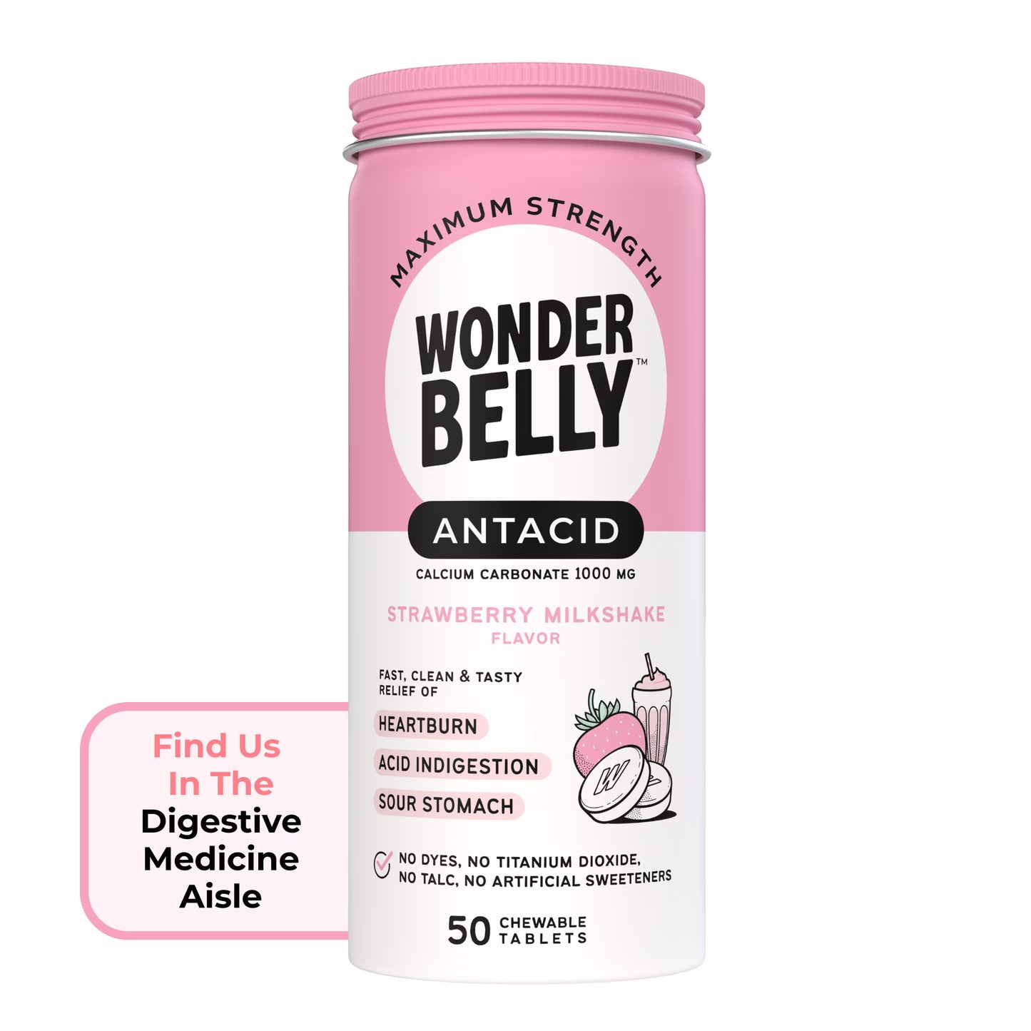 Wonderbelly Heartburn Relief Antacid Tablets, Strawberry Milkshake Flavor, 1000 mg, 50 Count