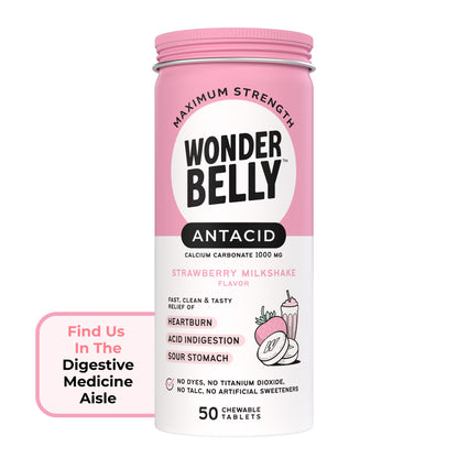 Wonderbelly Heartburn Relief Antacid Tablets, Strawberry Milkshake Flavor, 1000 mg, 50 Count