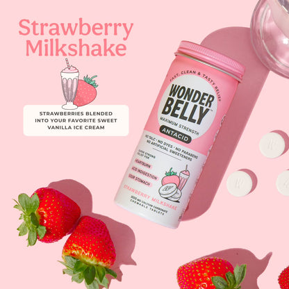 Wonderbelly Heartburn Relief Antacid Tablets, Strawberry Milkshake Flavor, 1000 mg, 50 Count