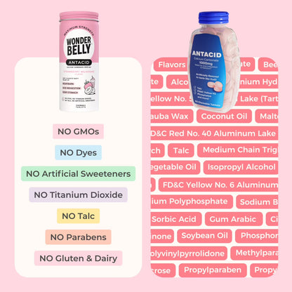 Wonderbelly Heartburn Relief Antacid Tablets, Strawberry Milkshake Flavor, 1000 mg, 50 Count