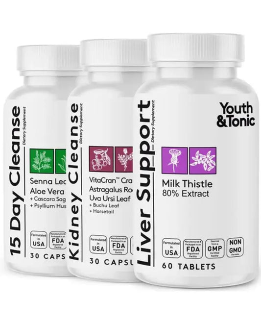 Youth & Tonic 3X Body Detox and Cleanse for Women & Men | Liver and Kidney Support & 15 Day Colon Cleanser to Repair Detoxify and Full Waste Loss | Supplement Pills
