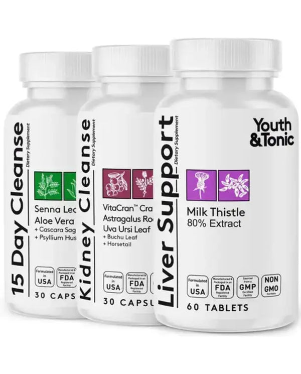 Youth & Tonic 3X Body Detox and Cleanse for Women & Men | Liver and Kidney Support & 15 Day Colon Cleanser to Repair Detoxify and Full Waste Loss | Supplement Pills
