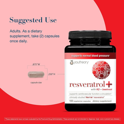 Youtheory Resveratrol+ with K2 + Beetroot Supplement Capsules, 150 ct.