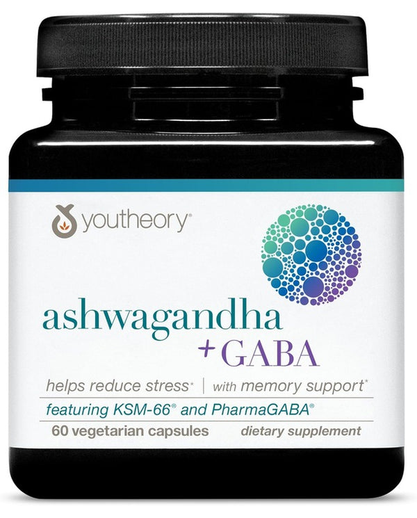 Youtheory Ashwagandha + GABA - 1,000 mg Ashwagandha & 100 mg GABA - 60 Vegetarian Capsules

