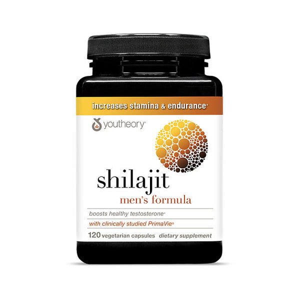 Supplement bottle labeled 'shilajit men's formula' by Youtheory on a white background