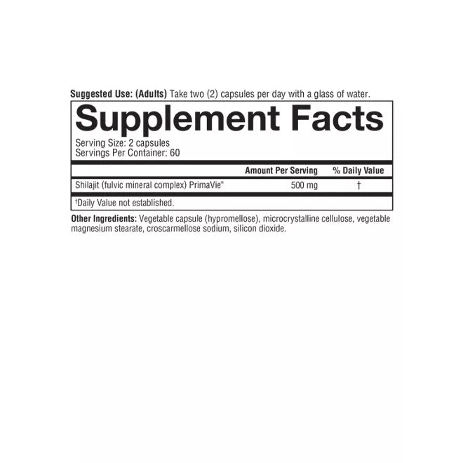 Shilajit Supplement facts label with text on a white background