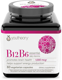 Youtheory Vitamin B12 B6, Daily Energy and Brain Support Supplement, Vegetarian Capsules, 60 ct
