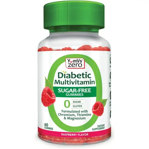 YumVs Diabetic Multivitamin Gummies | Sugar Free Diabetes Supplement Vitamins for Women & Men | Chromium, Thiamine and Magnesium | Natural Raspberry Flavor Chewables - 60 Count

