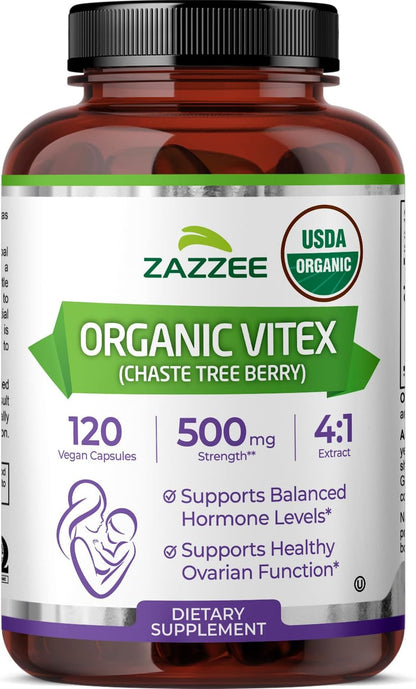Zazzee USDA Organic Vitex 4:1 Extract, 120 Vegan Capsules, 4 Month Supply, Chaste Berry, Hormonal Balance & Cycle Support for Women