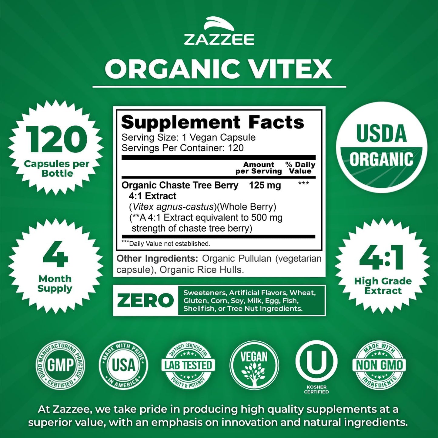 Zazzee USDA Organic Vitex 4:1 Extract, 120 Vegan Capsules, 4 Month Supply, Chaste Berry, Hormonal Balance & Cycle Support for Women
