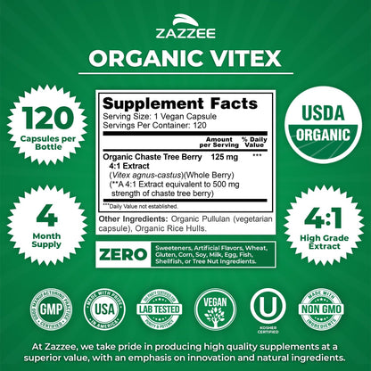 Zazzee USDA Organic Vitex 4:1 Extract, 120 Vegan Capsules, 4 Month Supply, Chaste Berry, Hormonal Balance & Cycle Support for Women