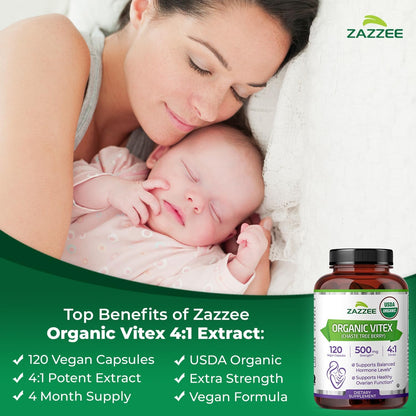 Zazzee USDA Organic Vitex 4:1 Extract, 120 Vegan Capsules, 4 Month Supply, Chaste Berry, Hormonal Balance & Cycle Support for Women