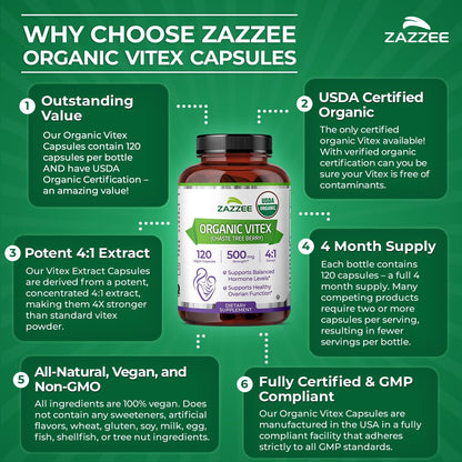Zazzee USDA Organic Vitex 4:1 Extract, 120 Vegan Capsules, 4 Month Supply, Chaste Berry, Hormonal Balance & Cycle Support for Women