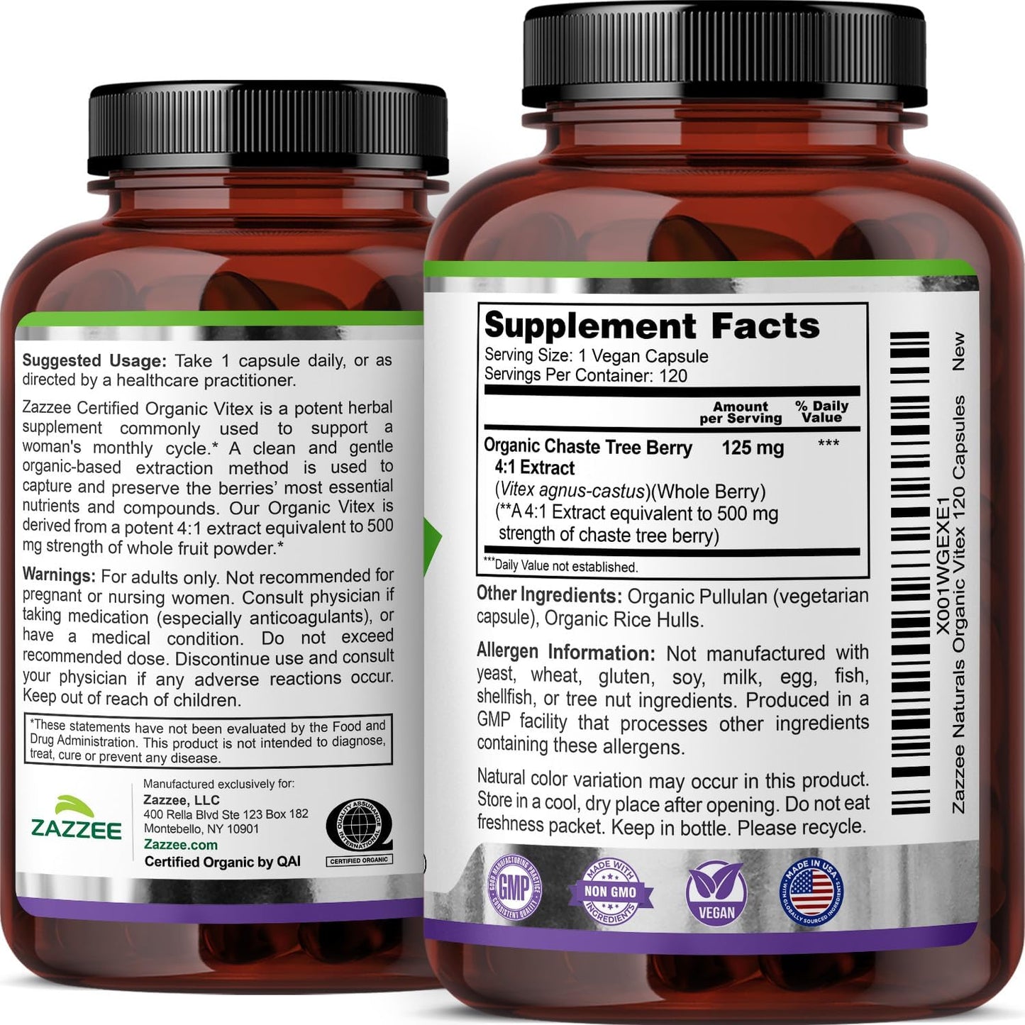 Zazzee USDA Organic Vitex 4:1 Extract, 120 Vegan Capsules, 4 Month Supply, Chaste Berry, Hormonal Balance & Cycle Support for Women