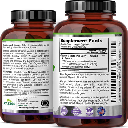Zazzee USDA Organic Vitex 4:1 Extract, 120 Vegan Capsules, 4 Month Supply, Chaste Berry, Hormonal Balance & Cycle Support for Women