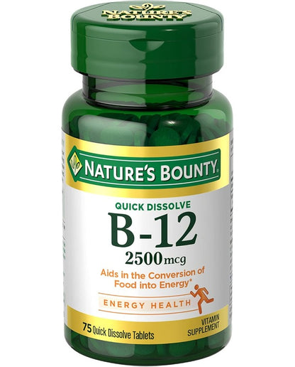 Nature’s Bounty Vitamin B12 2500 mcg, Cellular Energy Support, For Energy Metabolism, Heart & Nervous System Health, 75 Quick Dissolve Tablets