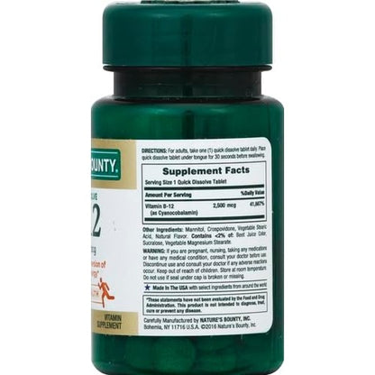 Nature’s Bounty Vitamin B12 2500 mcg, Cellular Energy Support, For Energy Metabolism, Heart & Nervous System Health, 75 Quick Dissolve Tablets