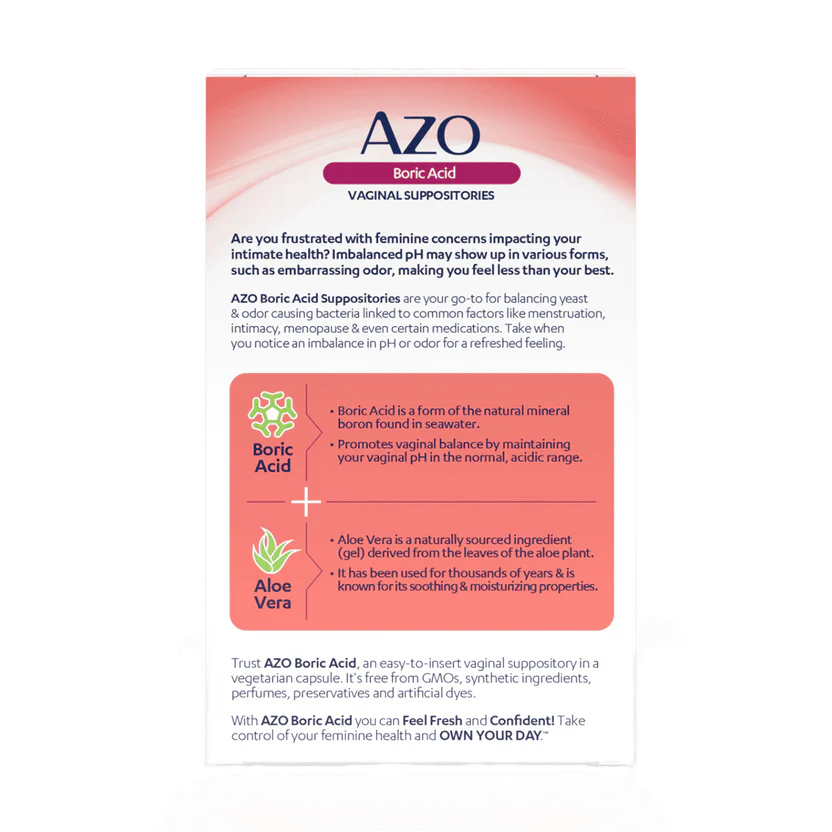 AZO Boric Acid Vaginal Suppositories, Helps Support Odor Control and Balance Vaginal PH with Clinically Studied Boric Acid, Non-GMO