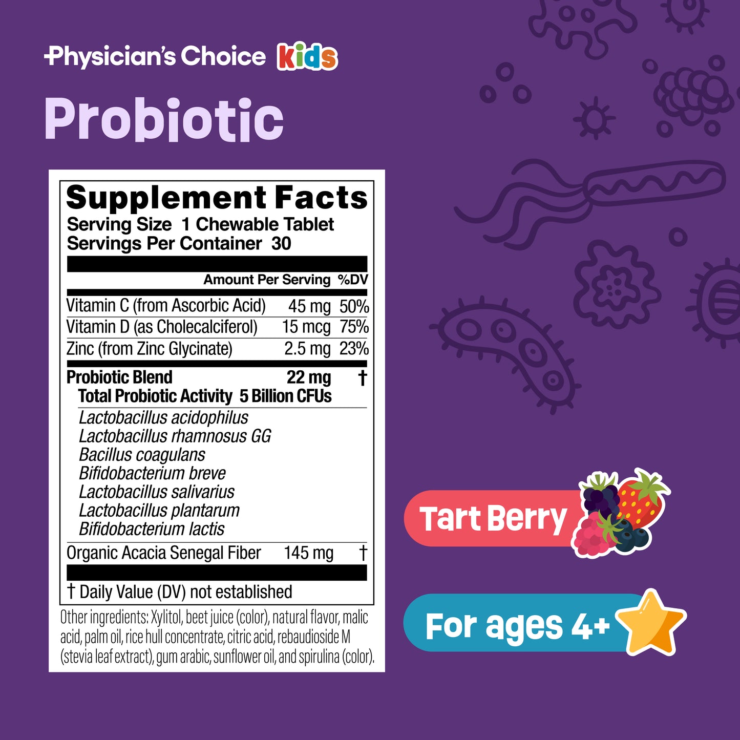 Physician's CHOICE Probiotics for Kids - 7 Diverse Strains, Organic Prebiotics, Vitamins & Minerals - Clinically Studied L. Rhamnosus GG - Immune & Digestive Support - No Allergens or Artificial Dyes