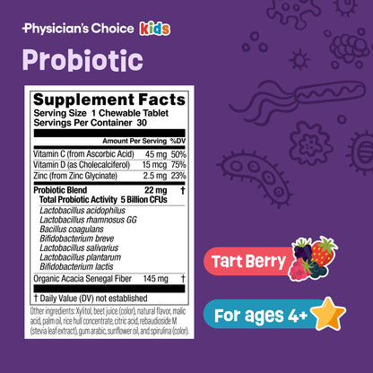 Physician's CHOICE Probiotics for Kids - 7 Diverse Strains, Organic Prebiotics, Vitamins & Minerals - Clinically Studied L. Rhamnosus GG - Immune & Digestive Support - No Allergens or Artificial Dyes