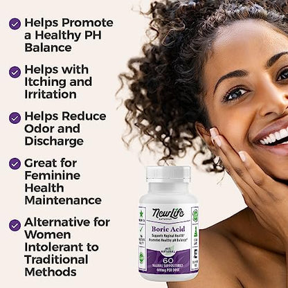 Medical Grade Boric Acid Vaginal Suppositories - 600mg - 100% Pure Womens pH Balance Pills - Yeast Infection, BV -30 Capsules: Made in USA
