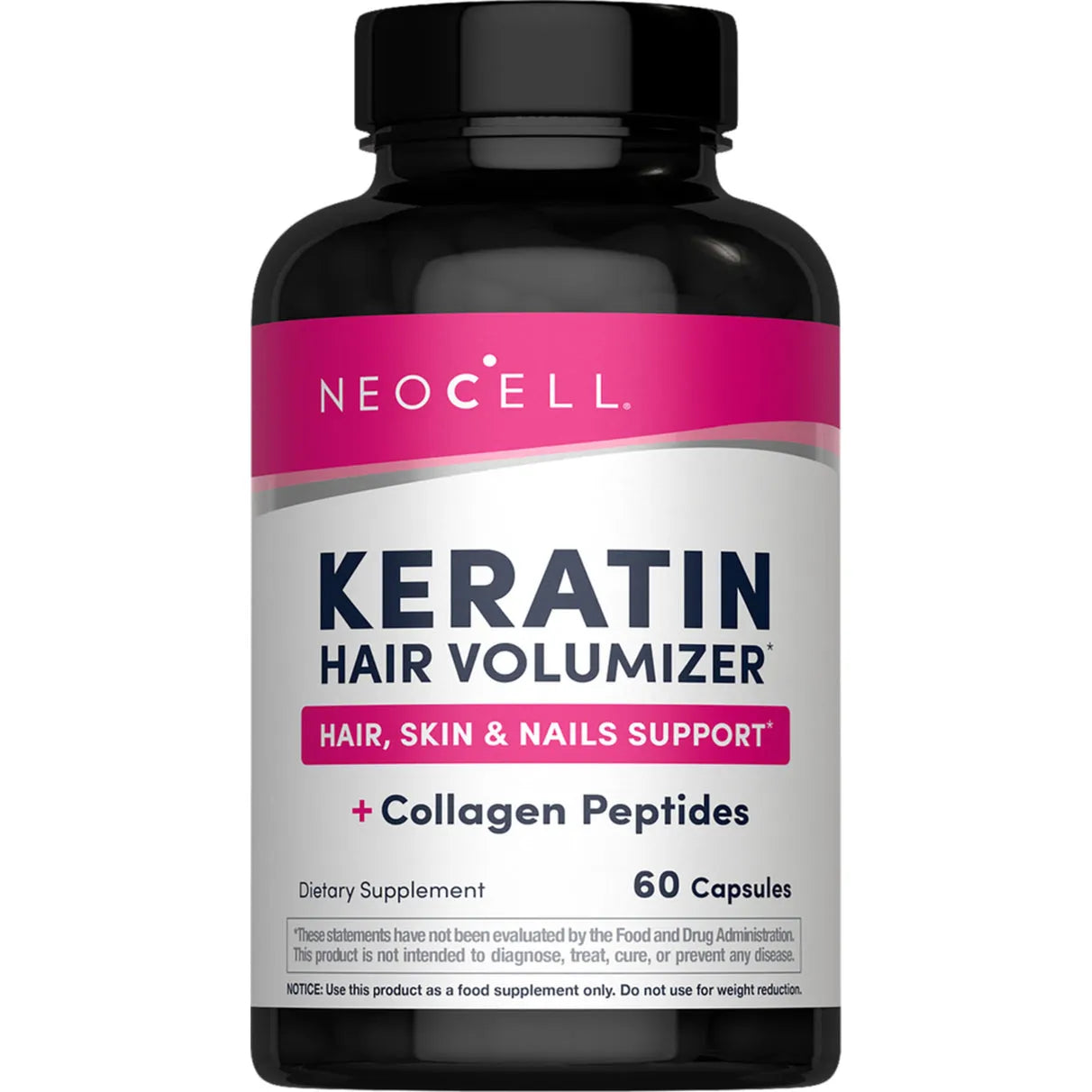 Neocell Keratin Hair Volumizer supplement bottle on a white background