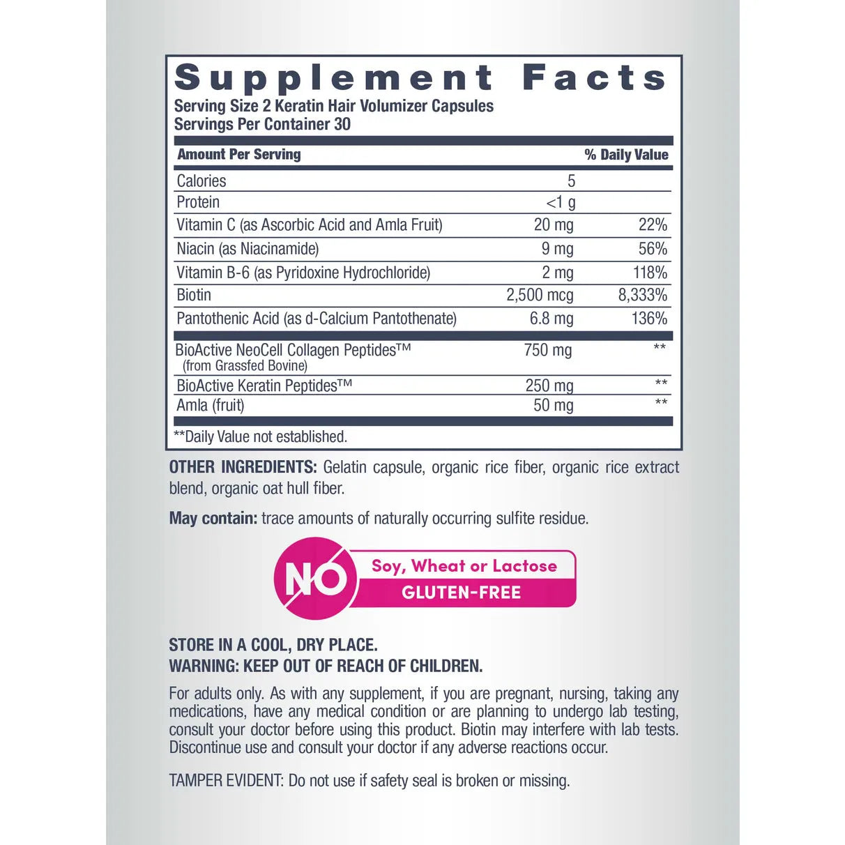 Supplement facts label for Keratin hair volumizer capsules with nutritional information and ingredients.