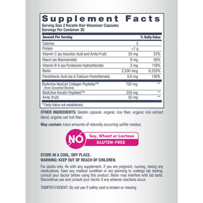 Supplement facts label for Keratin hair volumizer capsules with nutritional information and ingredients.